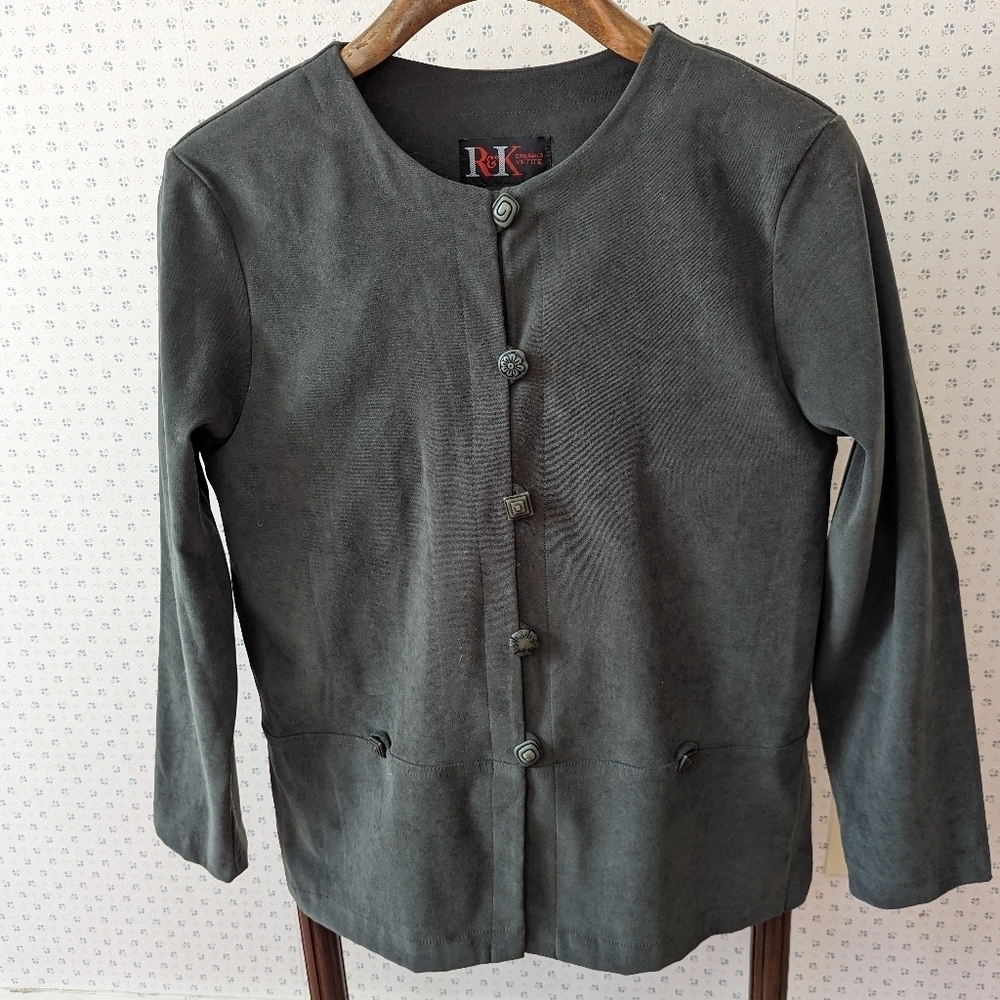 R&K Originals Blazer 12P Jacket boxy poly cover buttons olive green faux suede